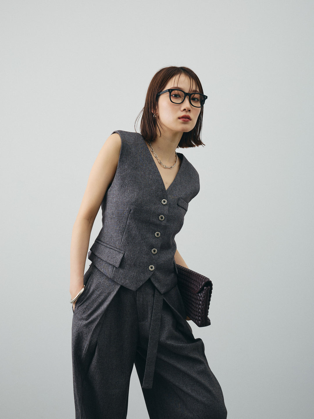 [SET]フラワーモチーフレースアップジレ＆ベルト付ワイドパンツSET UP(2set)