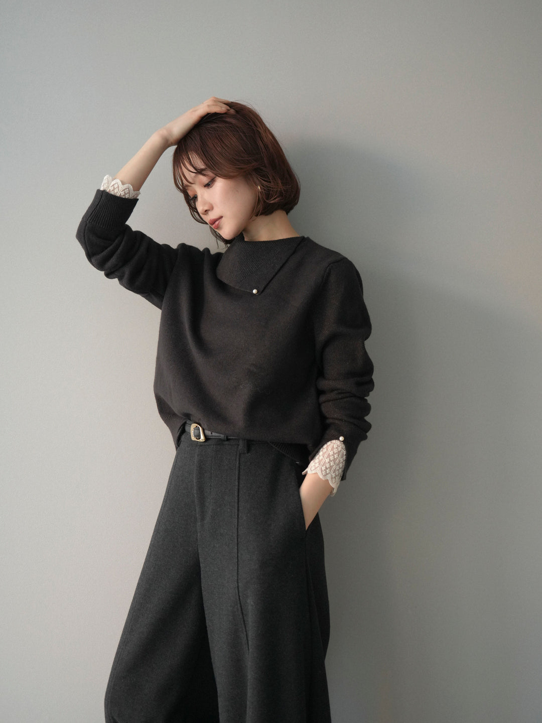 [SET]袖レースパール付き配色ニットトップス+ウールタッチカーブパンツ(2set)