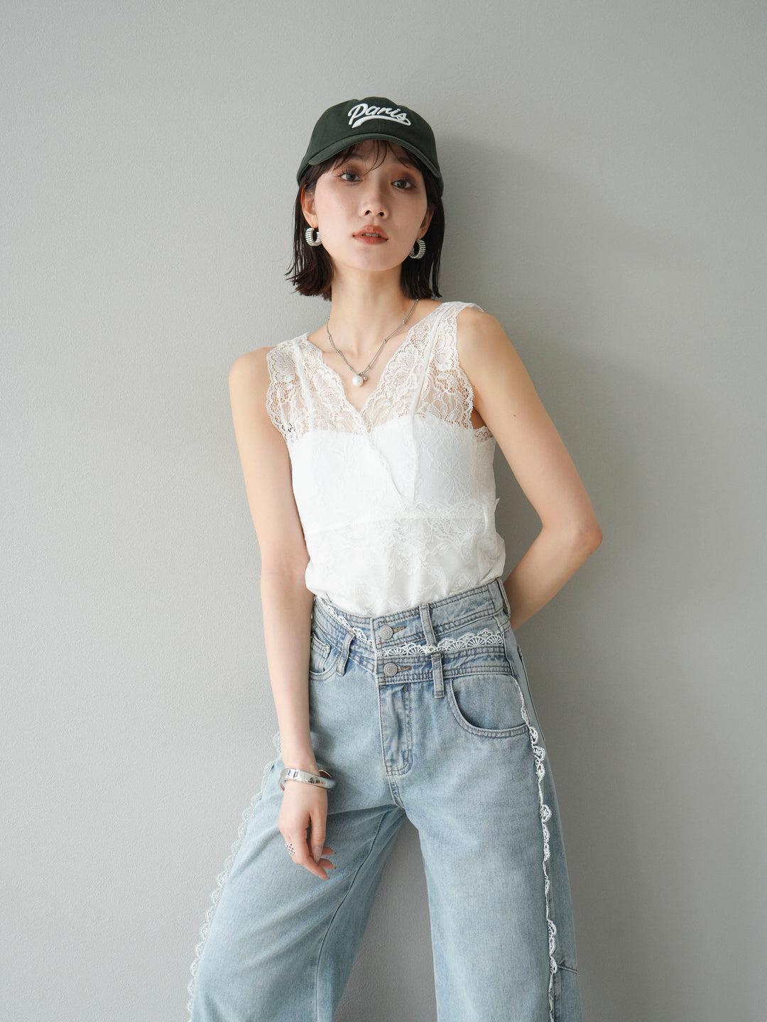 [予約]カップ付レースタンクトップ/ オフ