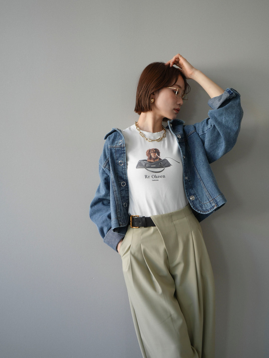 [SET]ラウンドカットコンパクトデニムジャケット+ドッグコンパクトTEE(2set)