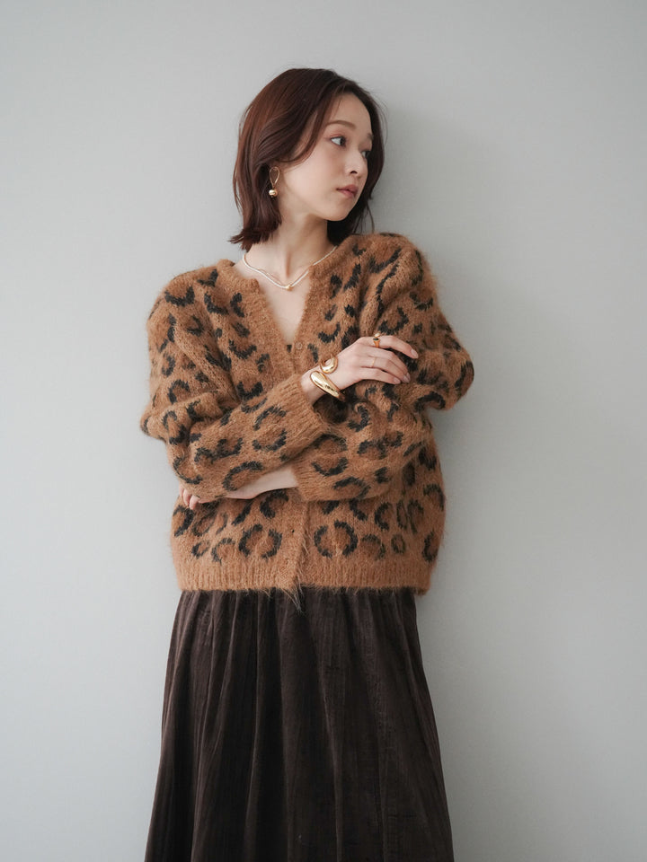 [SET]モヘアタッチレオパード柄ニットカーディガン+ワッシャーベロアプリーツスカート(2set)