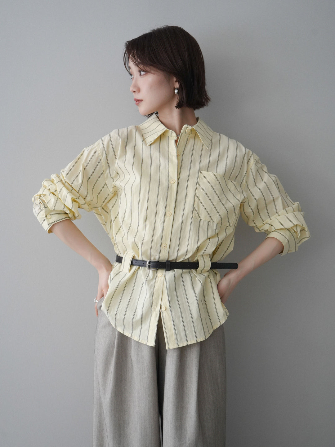 [予約]ベルト付ストライプロングシャツ/yellow