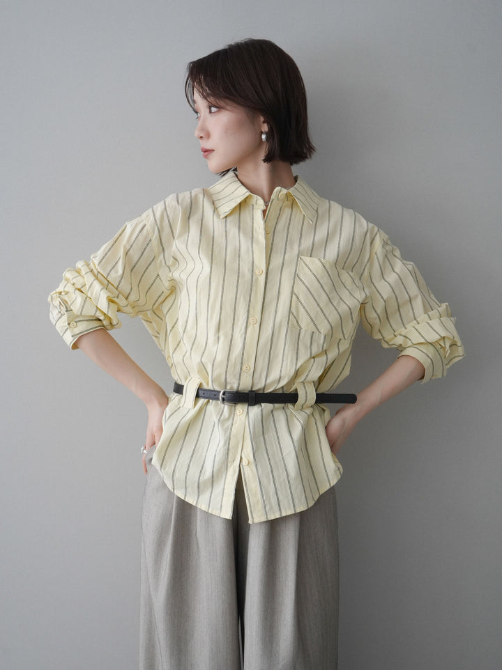 [予約]ベルト付ストライプロングシャツ/yellow