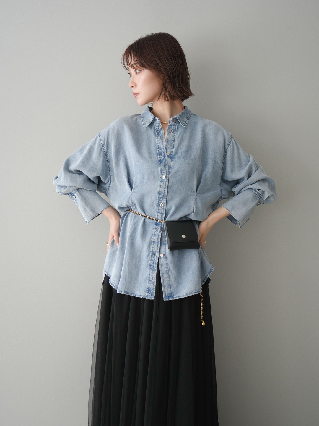 [SET]テンセルデニムタックシャツ+チュールボリュームスカート(2set)