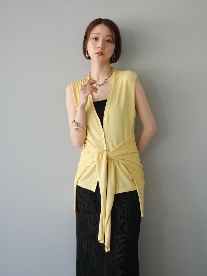 [SET]腰巻きデザインノースリーブニットカーディガン+ウェーブパイピングタイトスカート(2set)