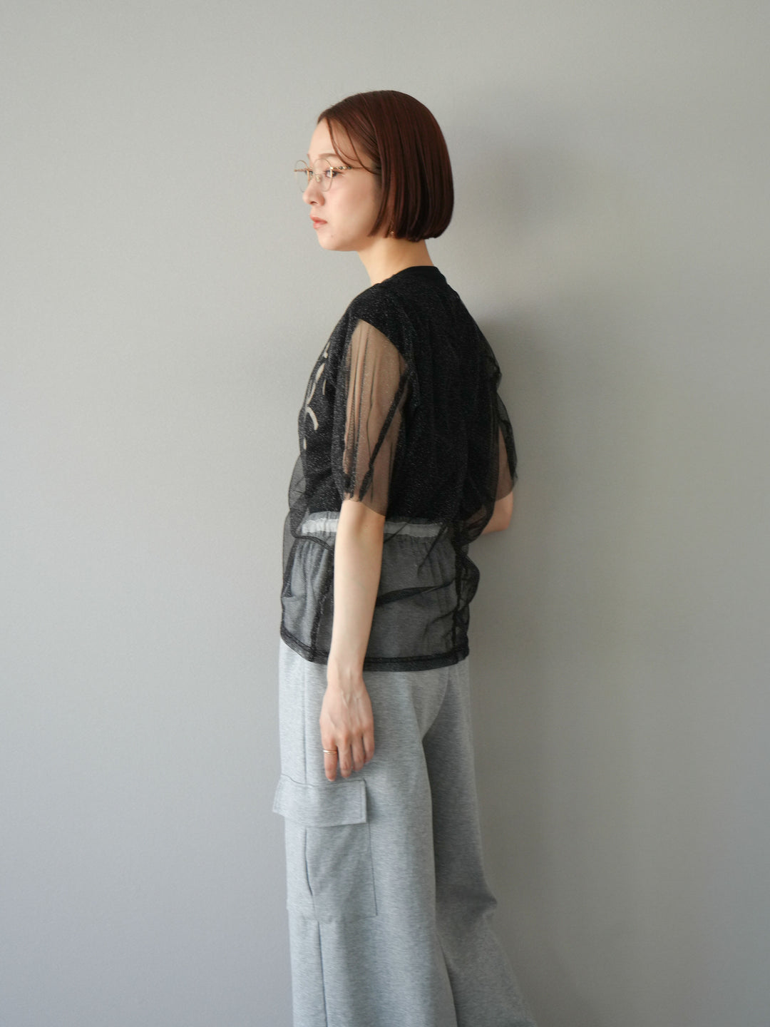 [SET]ラメチュールシャーリングプルオーバー+コード刺繍フレンチスリーブTシャツ(2set)