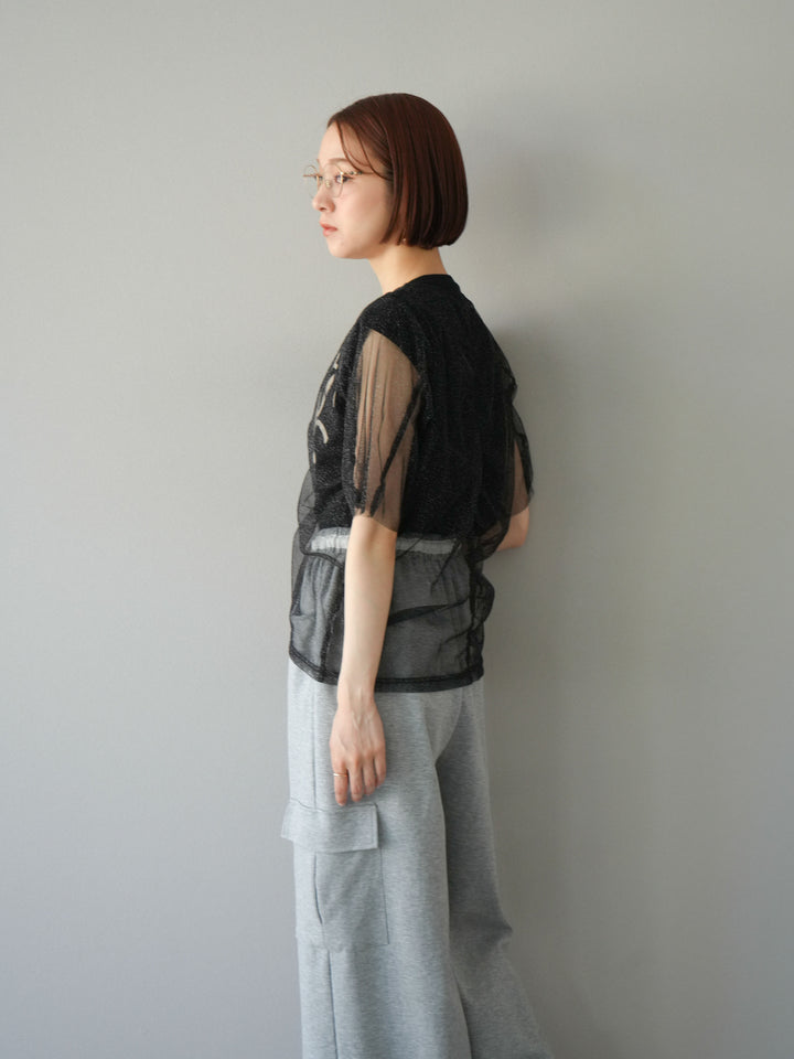 [SET]ラメチュールシャーリングプルオーバー+コード刺繍フレンチスリーブTシャツ(2set)