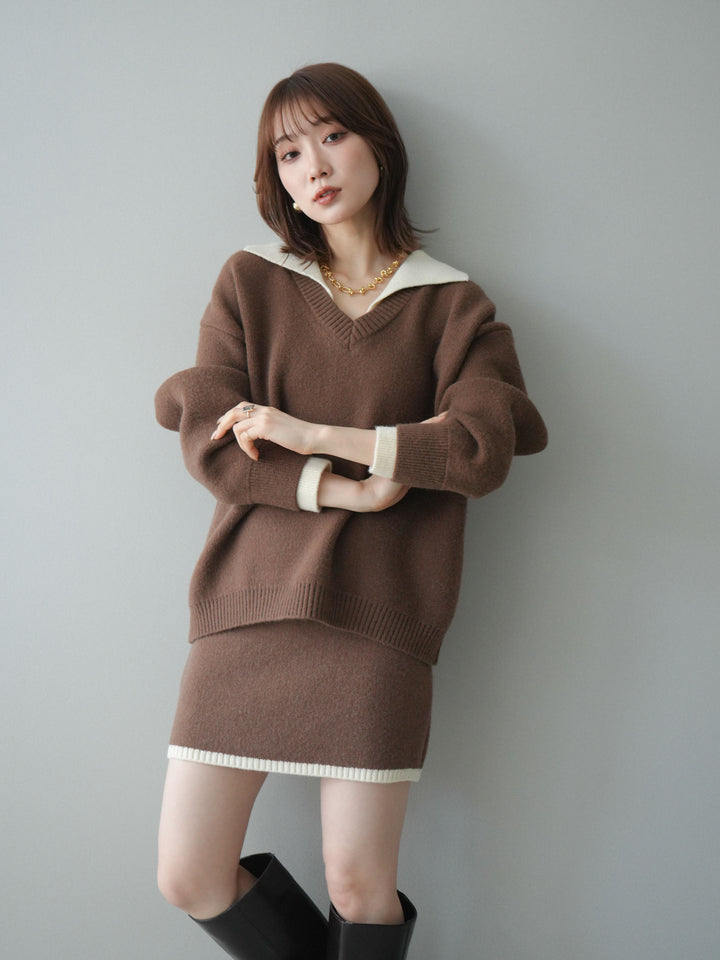 [SET]配色襟ニット＆ミニスカートSET UP+配色襟ニット＆ミニスカートSET UP(2set)