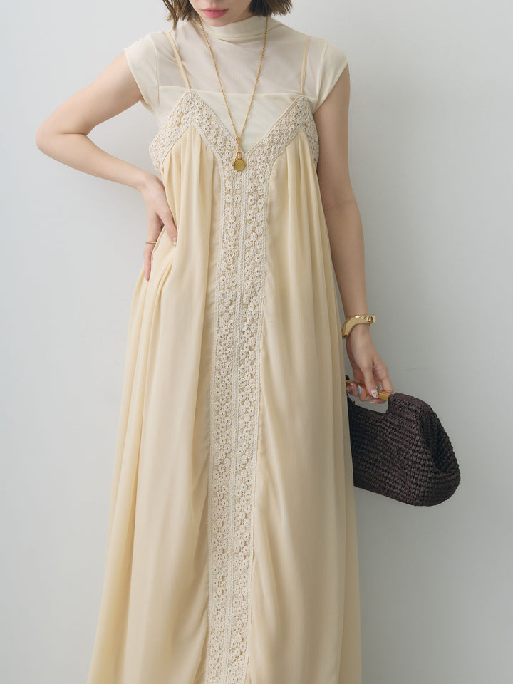 [SET]センタークロシェレースキャミワンピース+シアー切替ストレッチトップス(2set)