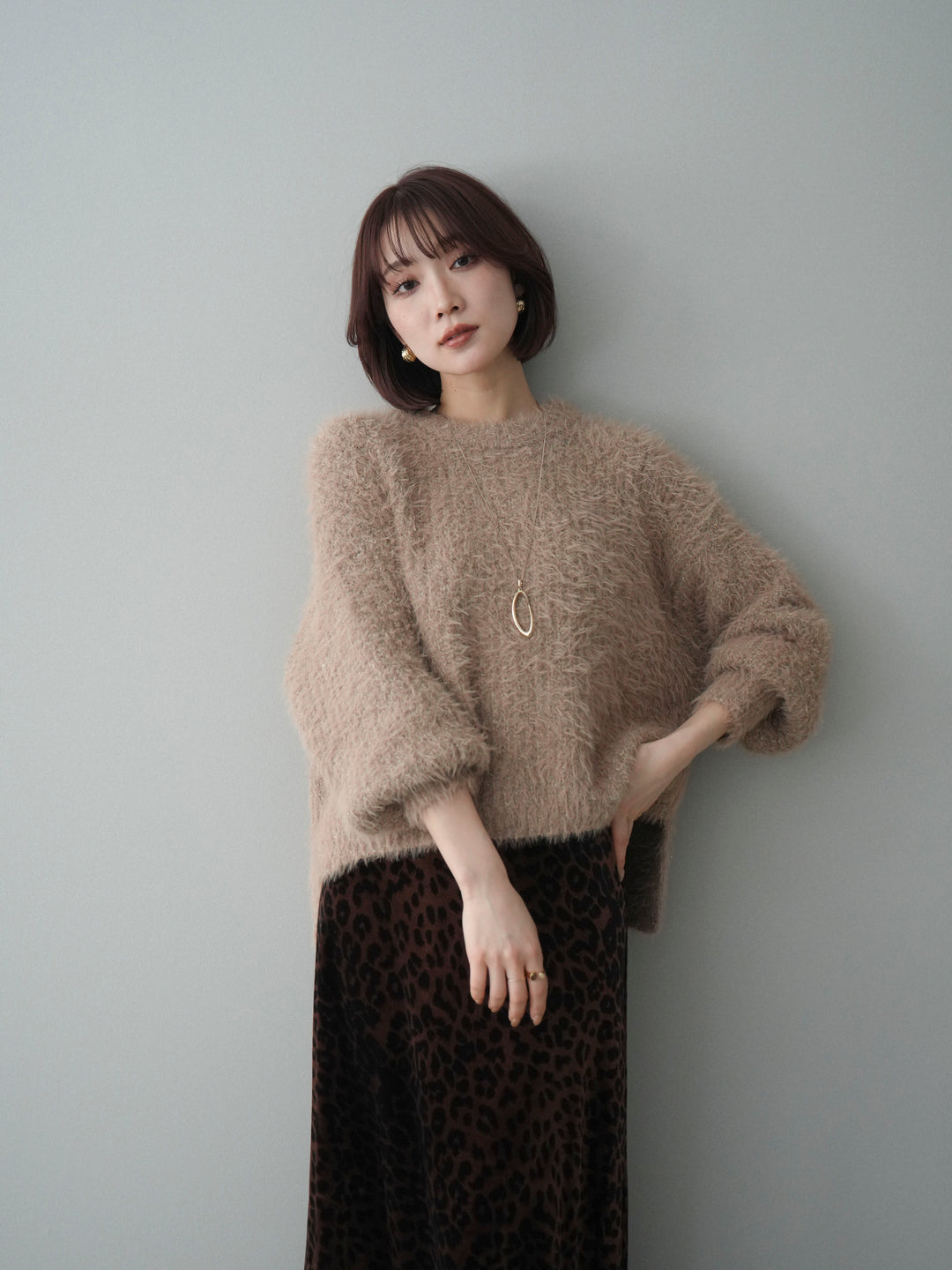 [予約]ボリュームスリーブシャギー MIXニットプルオーバー/brown