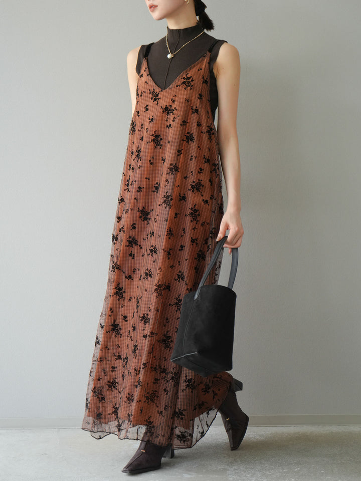 [予約]フロッキーチュールレイヤードベロアキャミワンピース/オレンジ