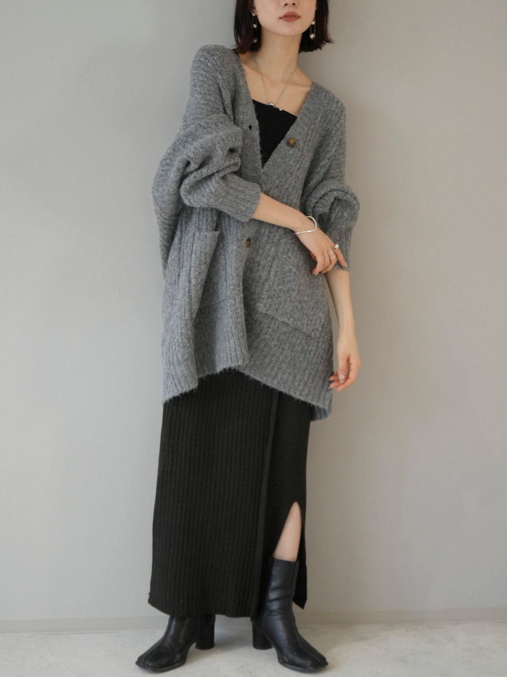 [Pre-order] Layered design ribbed knit skirt/black