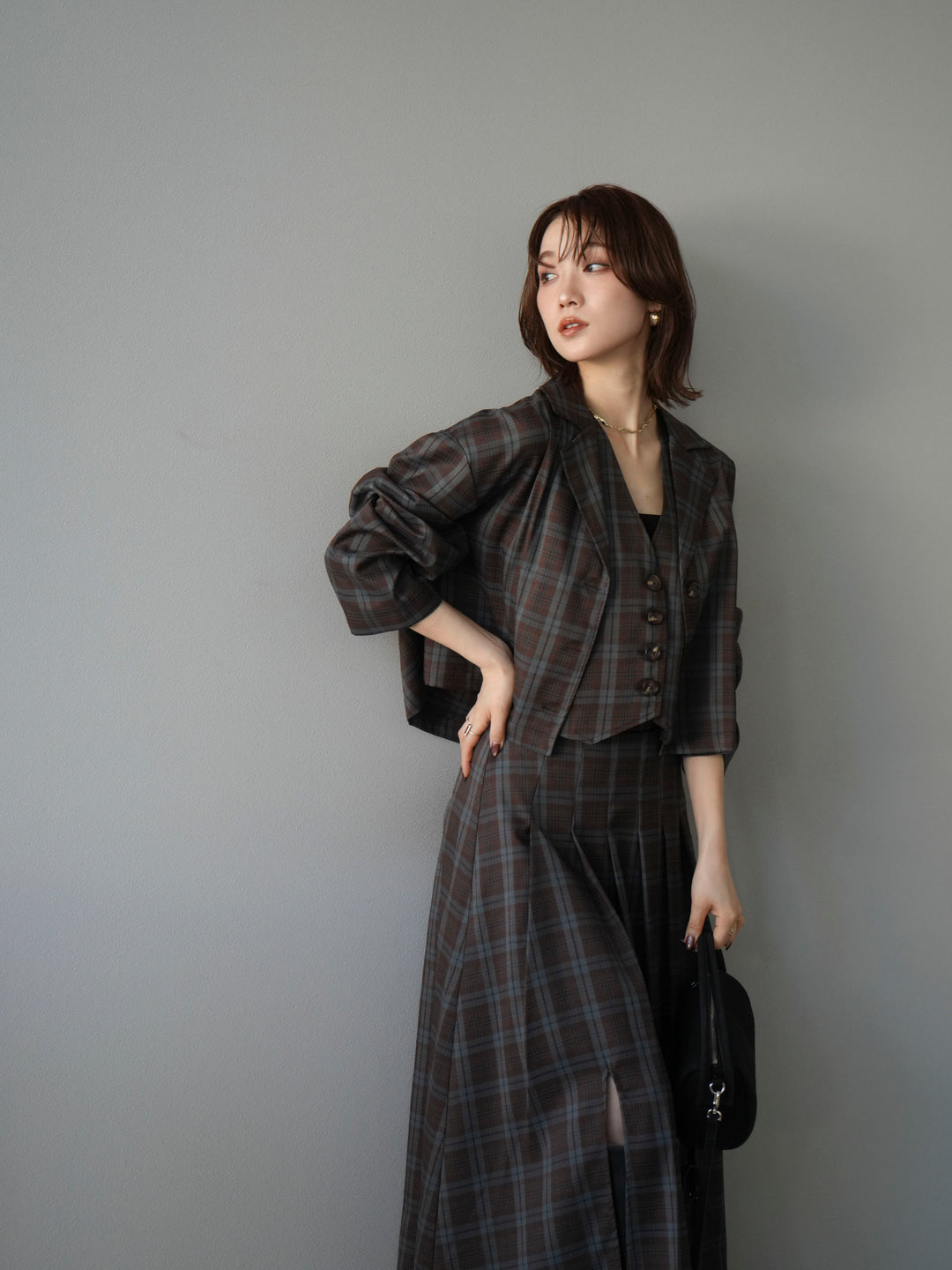 [予約]チェック柄ベスト/ブラウン