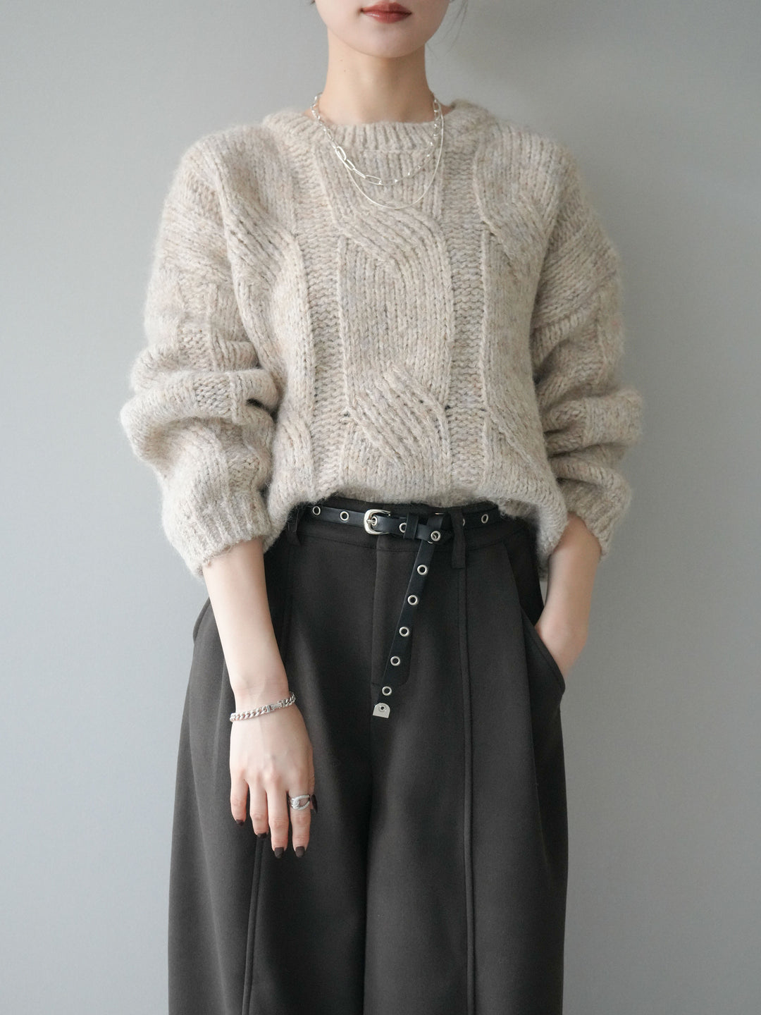 [予約]ワイドケーブルミックスニットプルオーバー/ivory