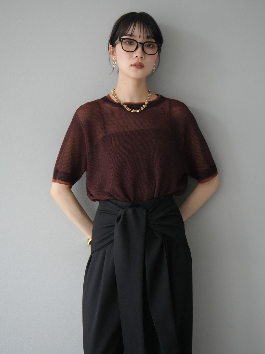 [SET]リネンタッチ配色二重臼ハーフニットトップス+ウエスト巻きデザインワイドパンツ(2set)