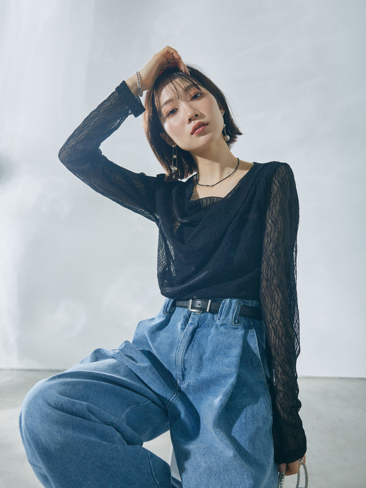 【Allure】[SET]ストレッチレースドレープトップス+ハイウエストベルトループデザインデニムパンツ(2set)