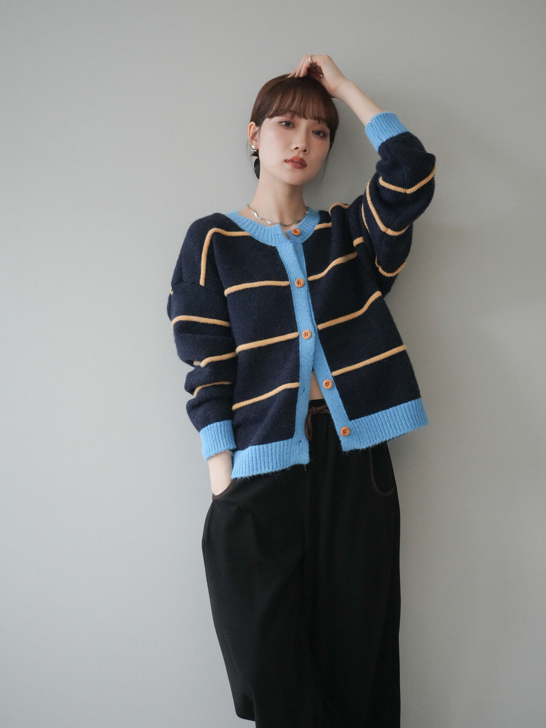 [予約]配色ボーダーニットカーディガン/navy