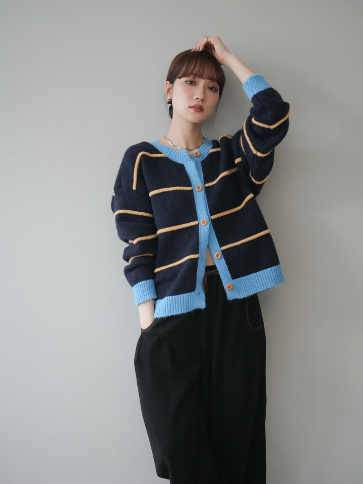 [予約]配色ボーダーニットカーディガン/navy