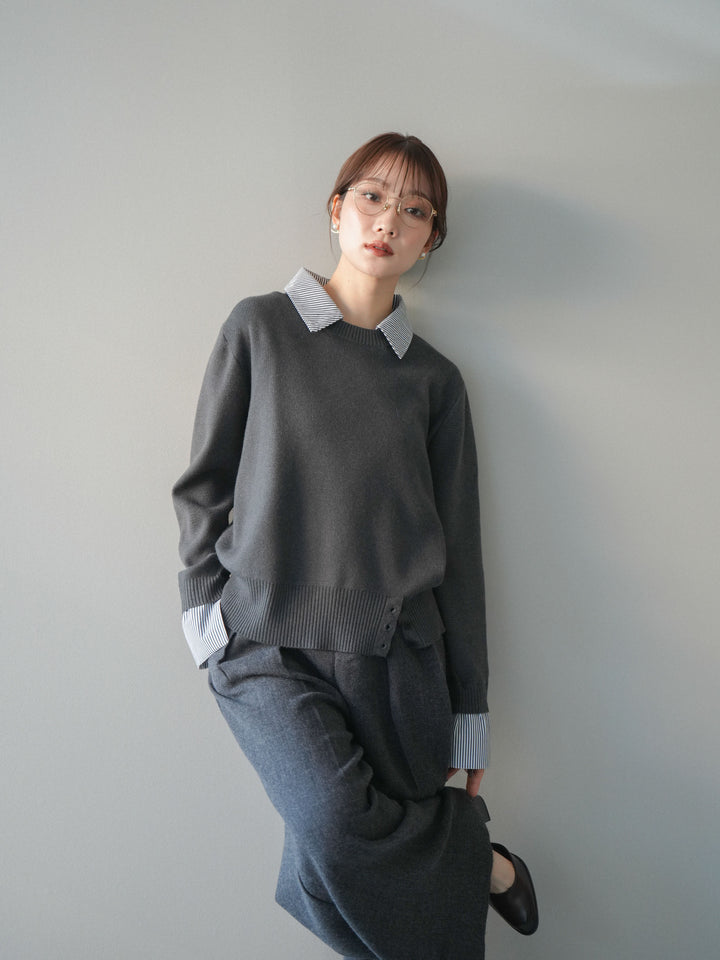 [予約]シャツドッキングデザイン裾ボタンニットプルオーバー/gray