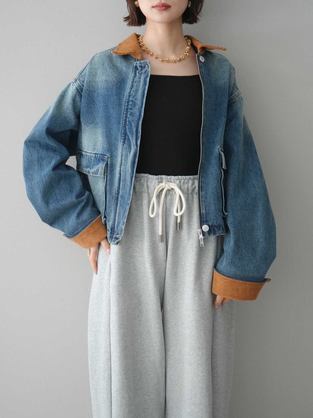 [予約]コーデュロイ×デニムショートカバーオール/blue