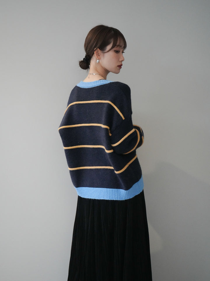 [予約]配色ボーダーニットカーディガン/navy