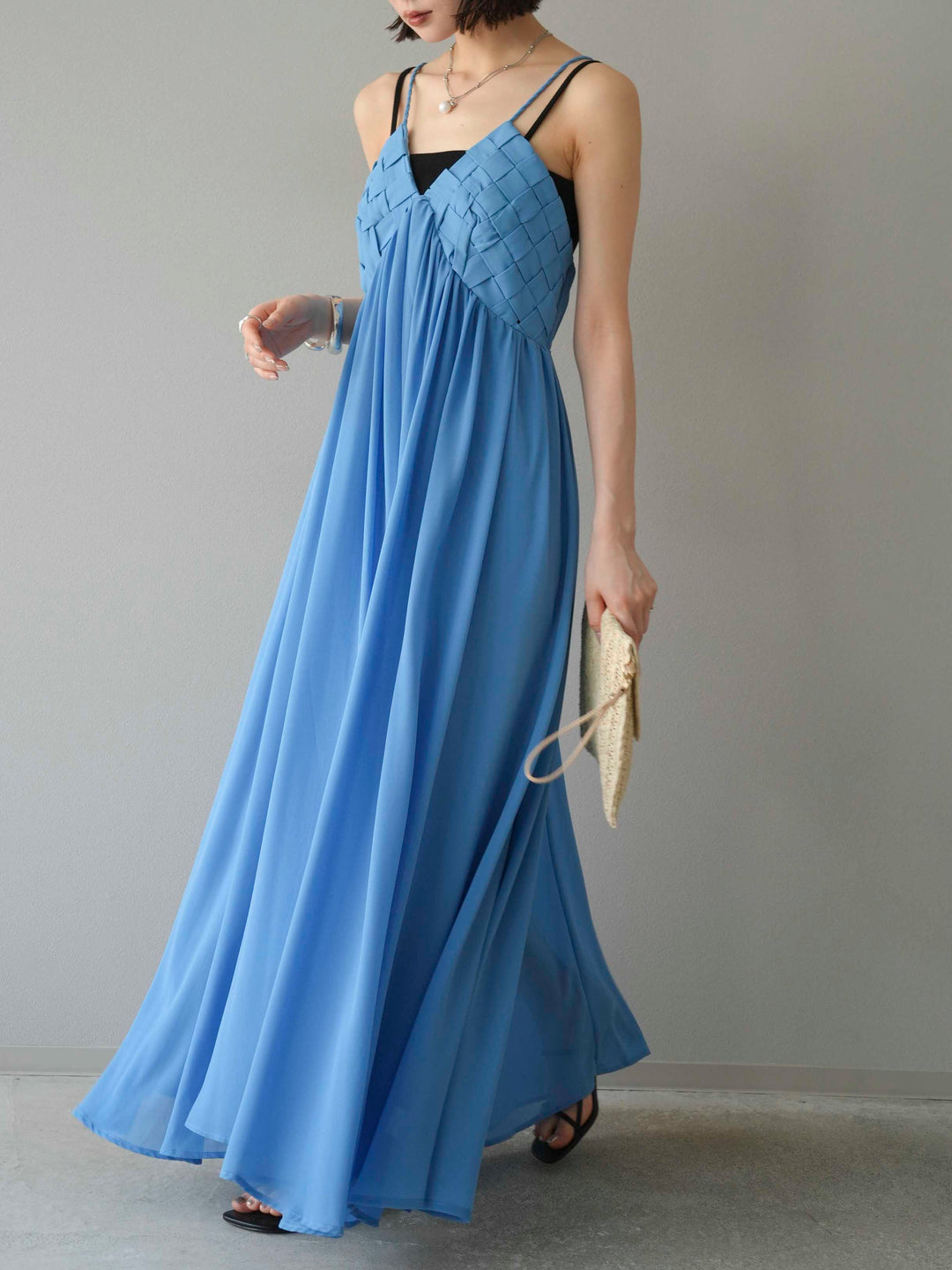 [予約]編み込みデザインシフォンワンピース/ブルー