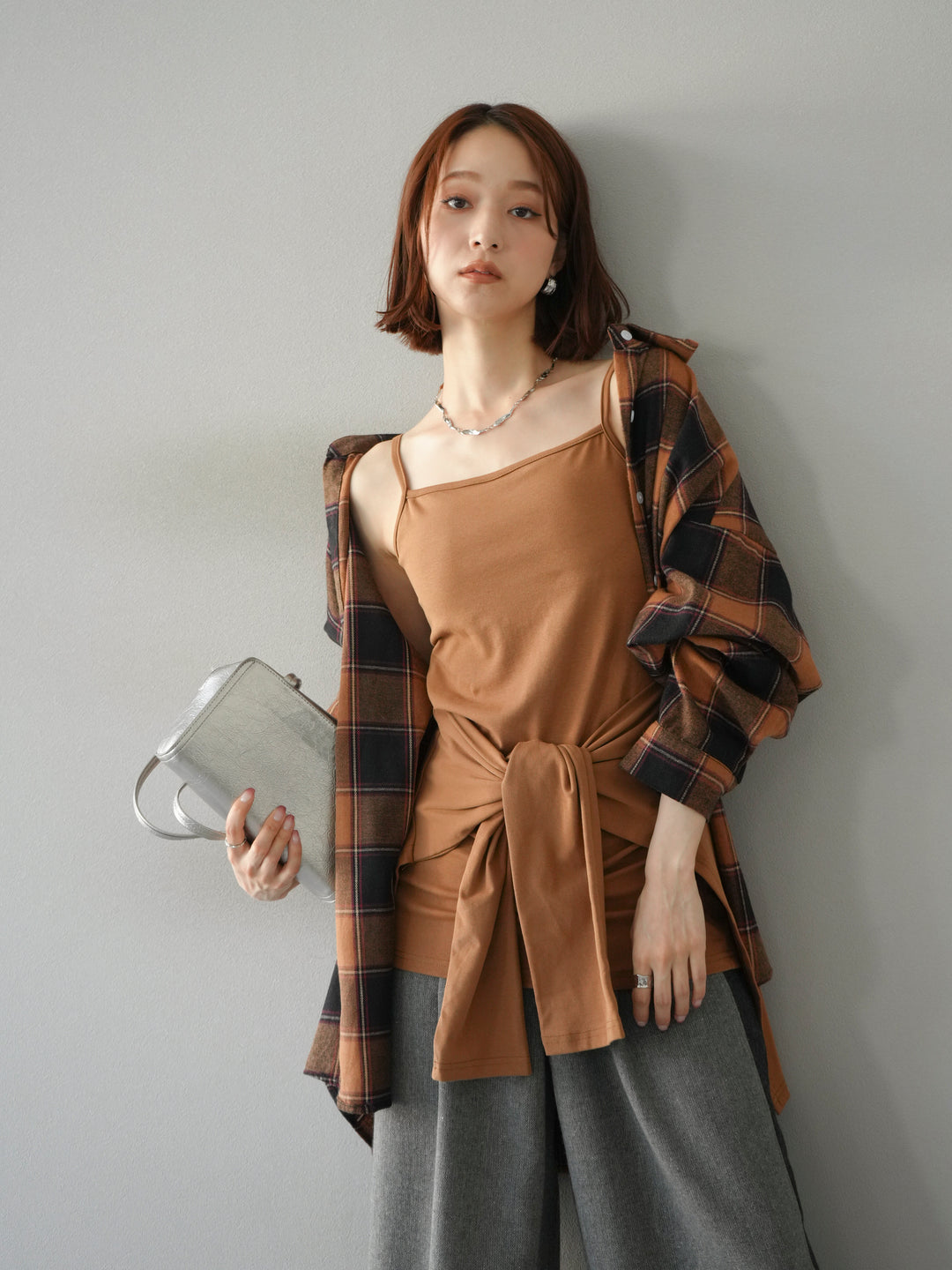 [予約]カップ付キャミ付チェックシャツチュニック/ブラウン