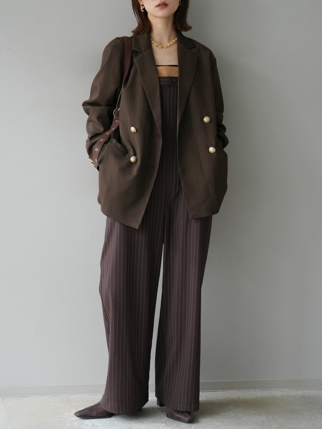 [予約]サテン切替ピンストライプサロペット/ブラウン