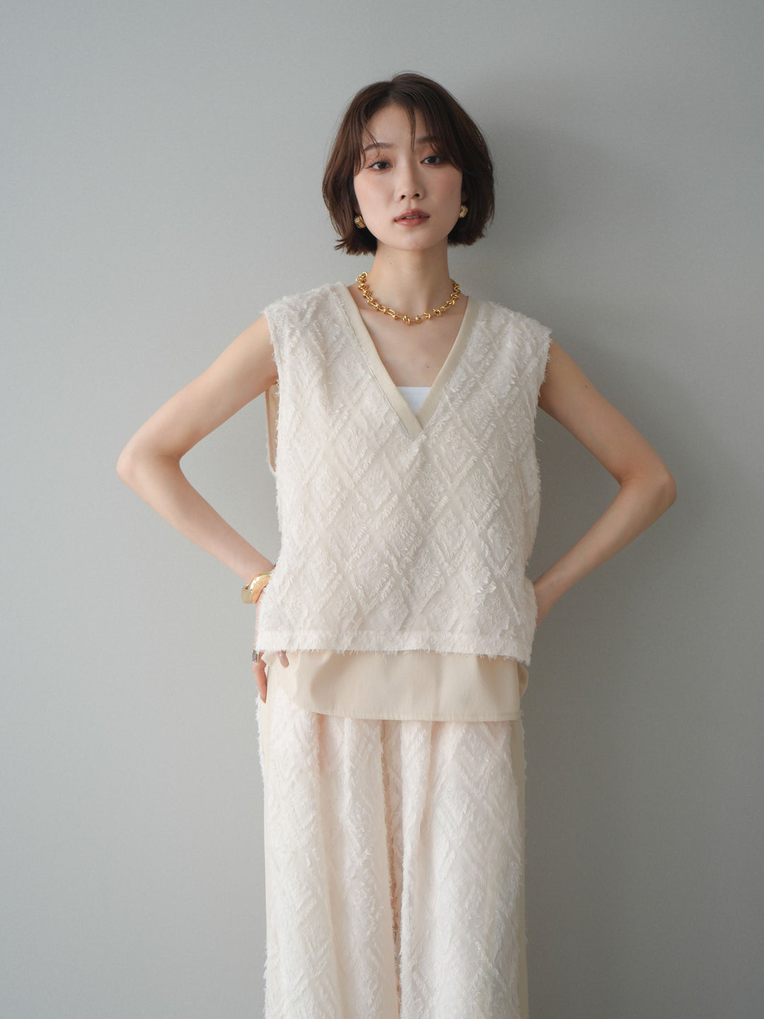 [SET]フリンジレイヤードVネックノースリーブ+フリンジレイヤードVネックノースリーブ(2set)