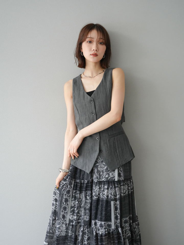 [SET]リネンタッチバックオープンベスト＆ニュアンス柄マキシスカートSET UP(2set)