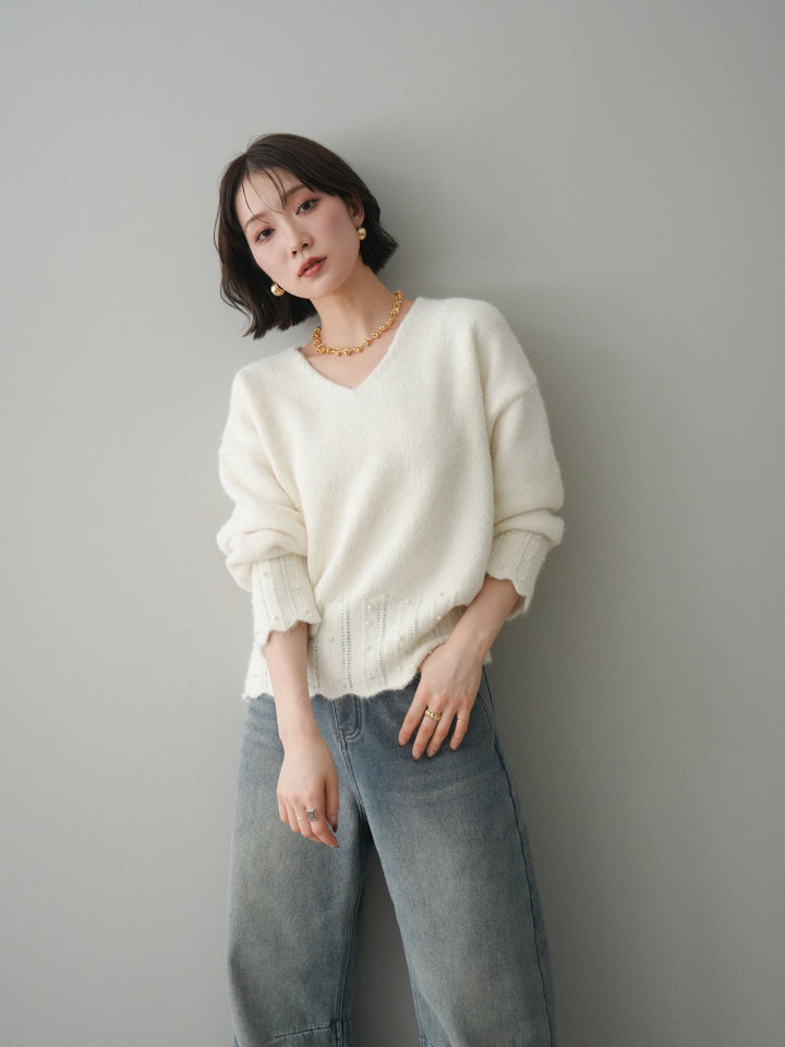 [SET]パールフリルリブヘムニットプルオーバー+選べるアクセセット(2set)