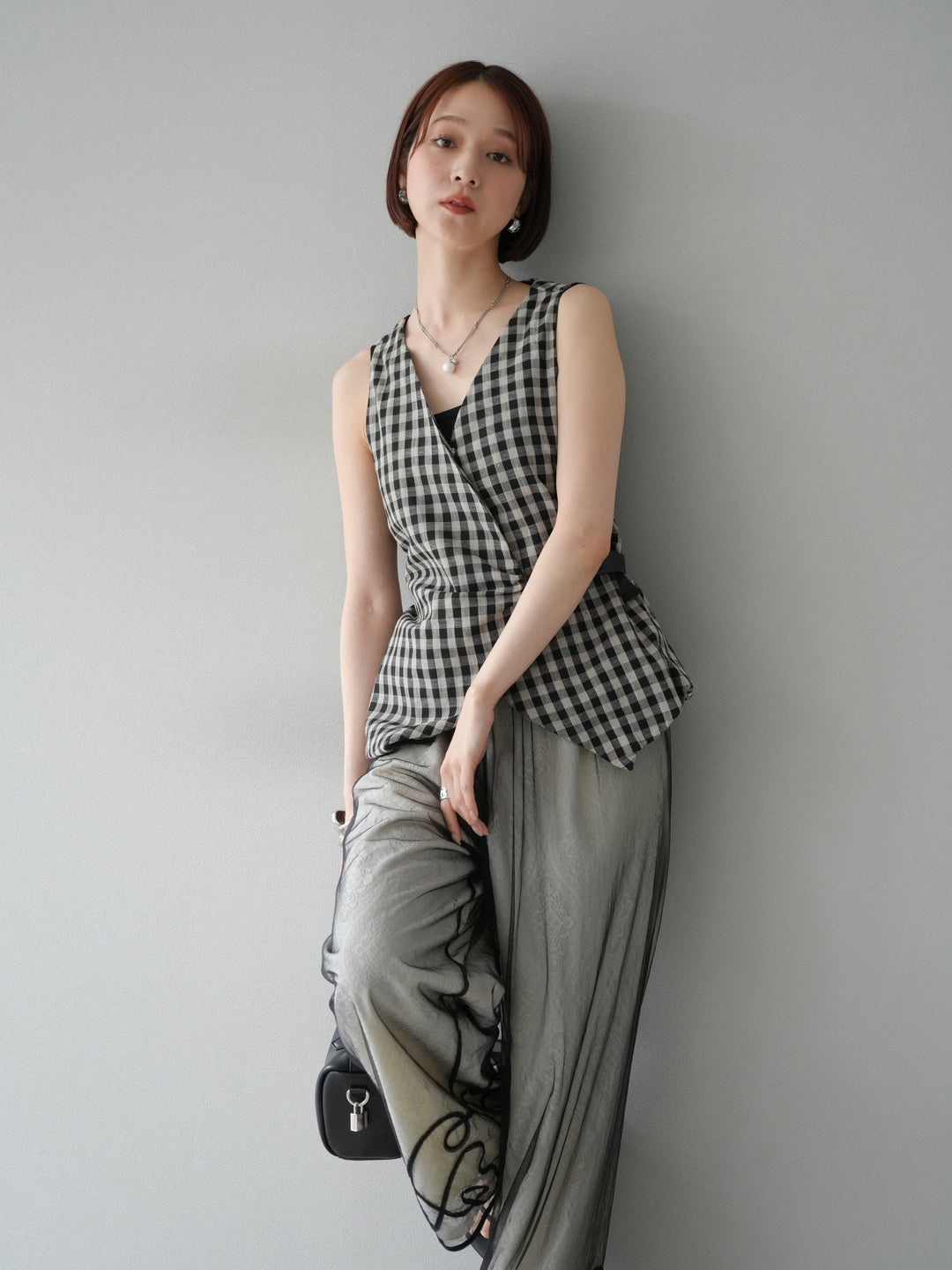 [SET]ベルトデザインバルーンブラウス+レースタックイージーパンツ+コード刺繍チュールレイヤードパンツ(3set)