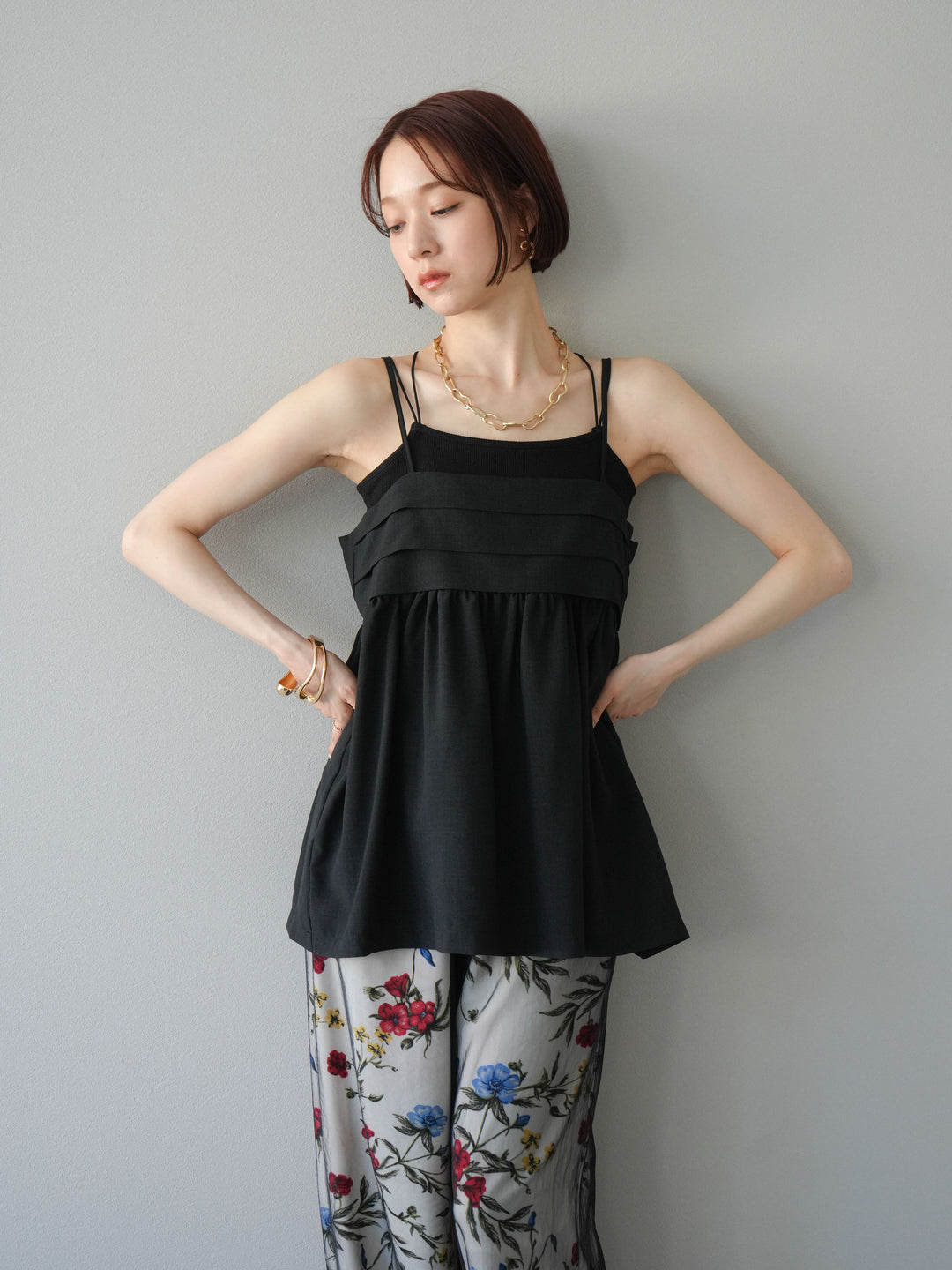 [予約]リネンライクビスチェデザインキャミソール/ブラック