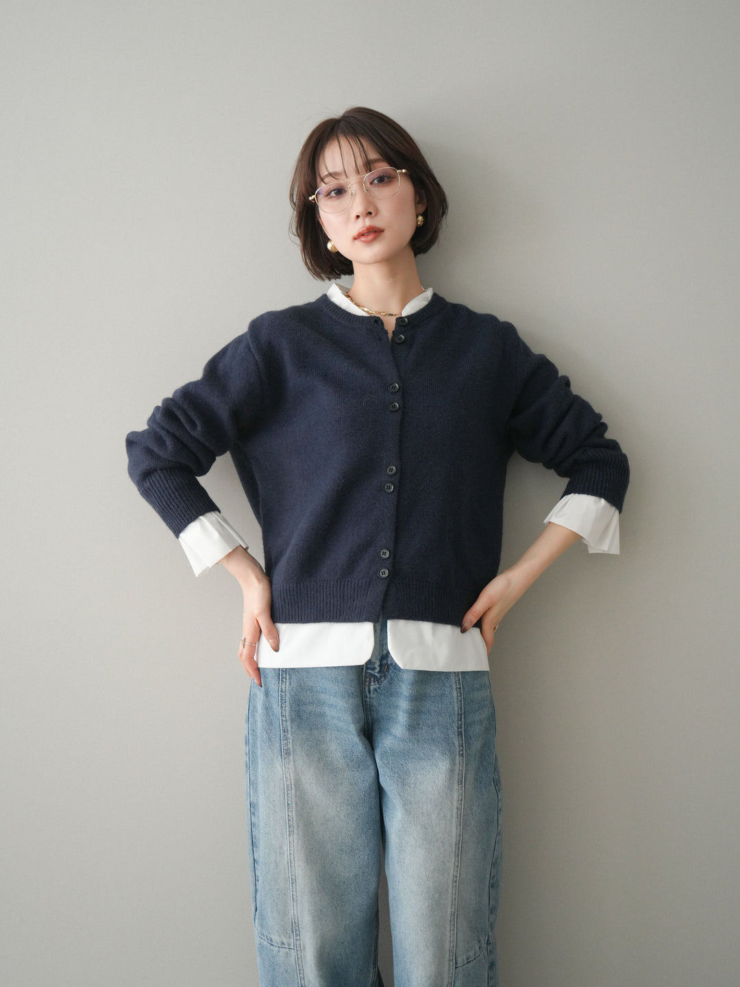 [SET]布帛ドッキングニットカーディガン+ガーメントウォッシュカーブデニムパンツ(2set)