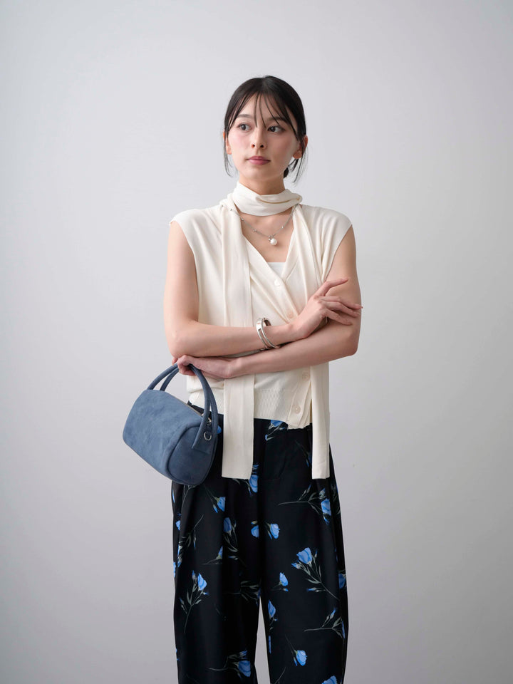 [SET]ネックレイヤードアシメニットベスト+フラワープリントドレープタックパンツ(2set)