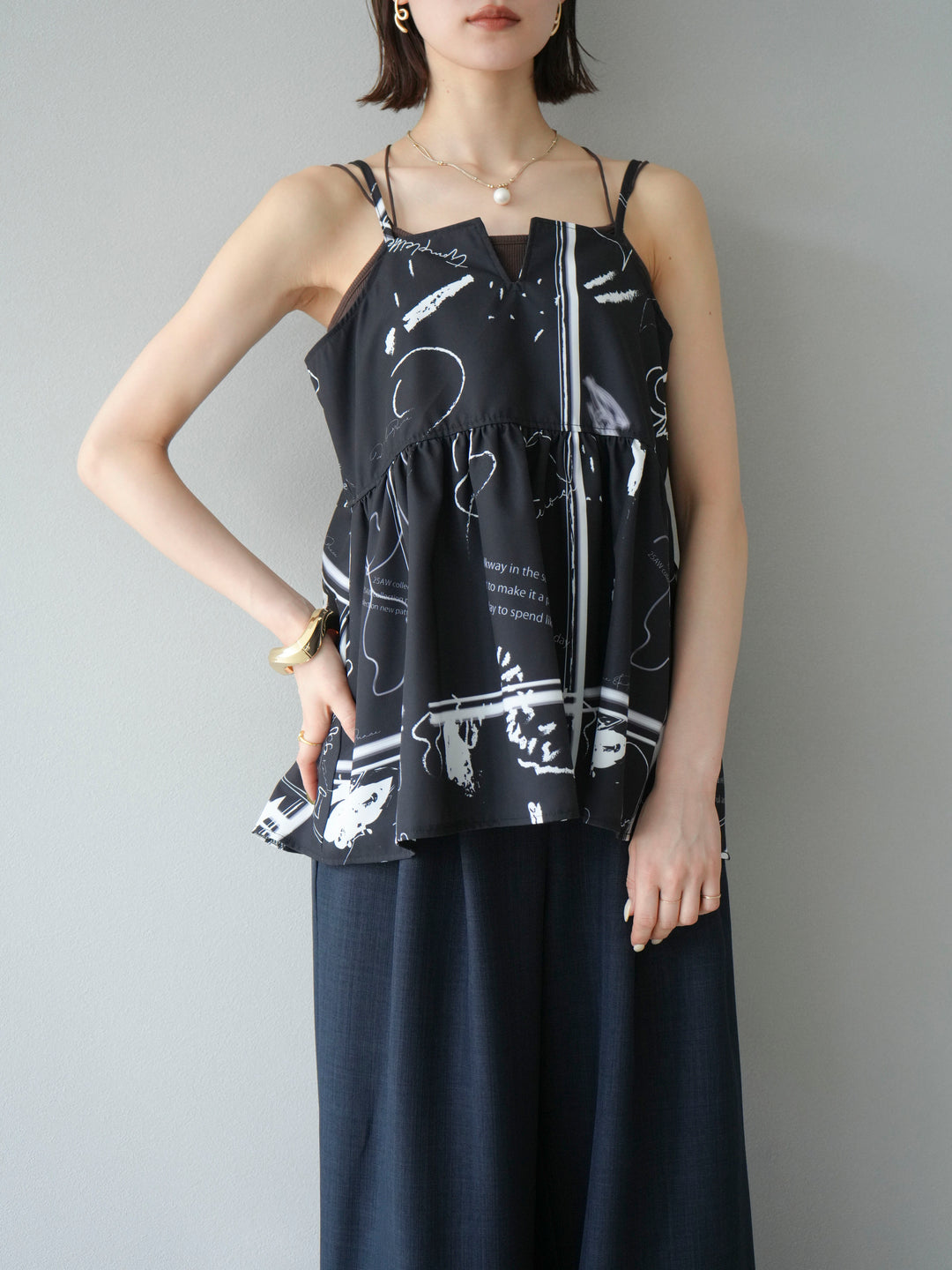 [予約]ペイント柄キャミソール/ブラック