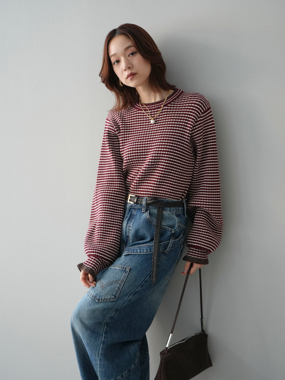 [SET]ラメ異素材ボーダーリブニットプルオーバー+ペインターカーブデニムパンツ(2set)