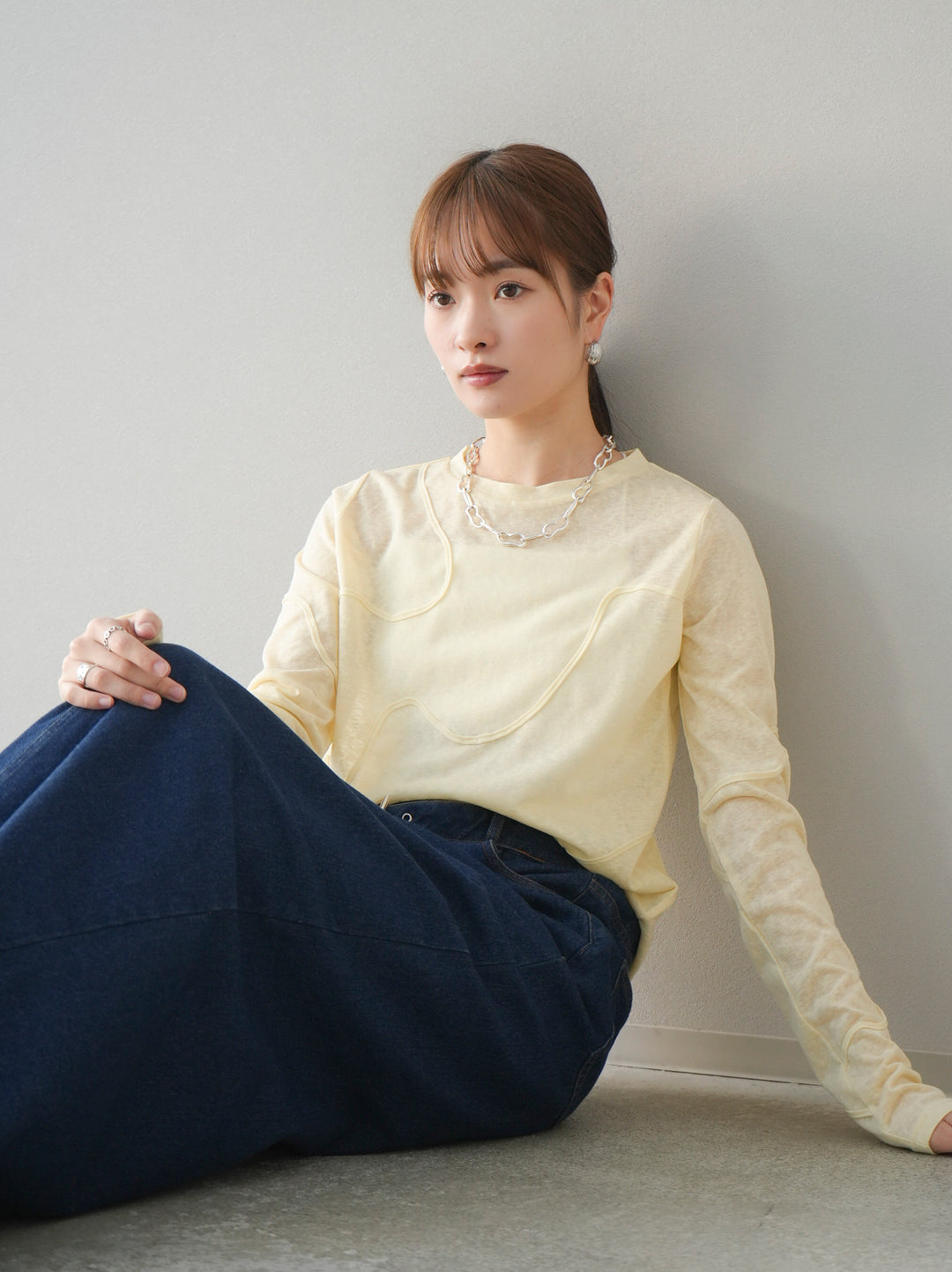 [預購] 繩繡透視長袖T卹 / 黃色