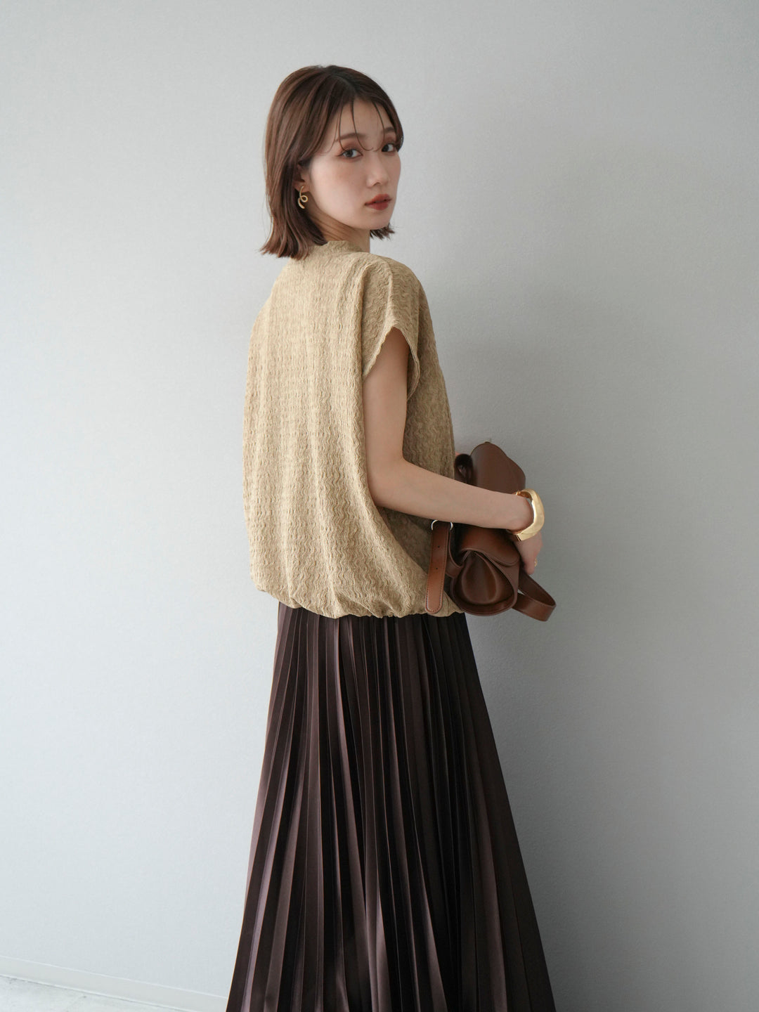 【預購】抽繩提花套頭衫/米色