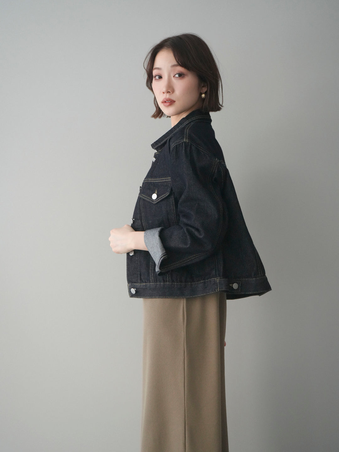 [予約]配色レイヤードヘンリーネックカットリブワンピース/mocha