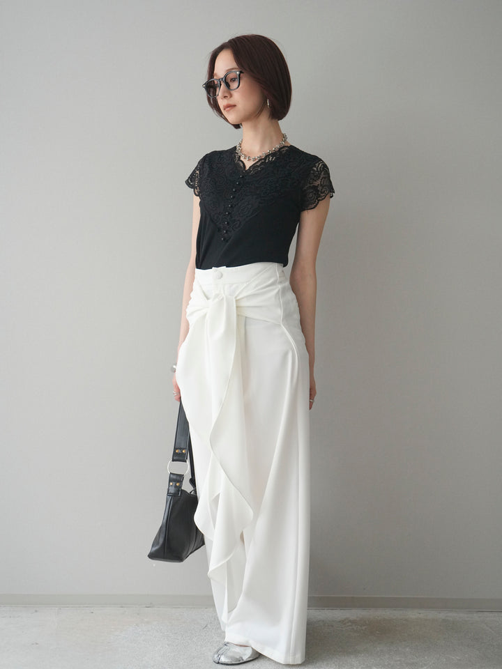 [SET]パールボタンレース切替ニットトップス+ラッフルベルトワイドパンツ(2set)
