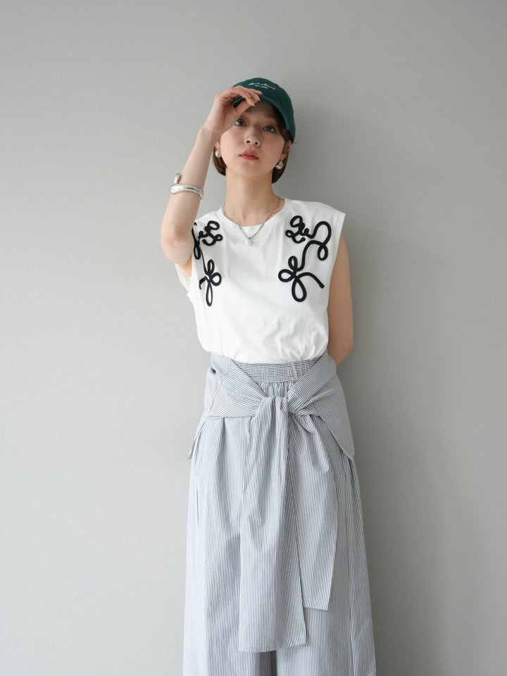 [SET]コード刺繍フレンチスリーブTシャツ+ウエスト巻きストライプイージーパンツ(2set)