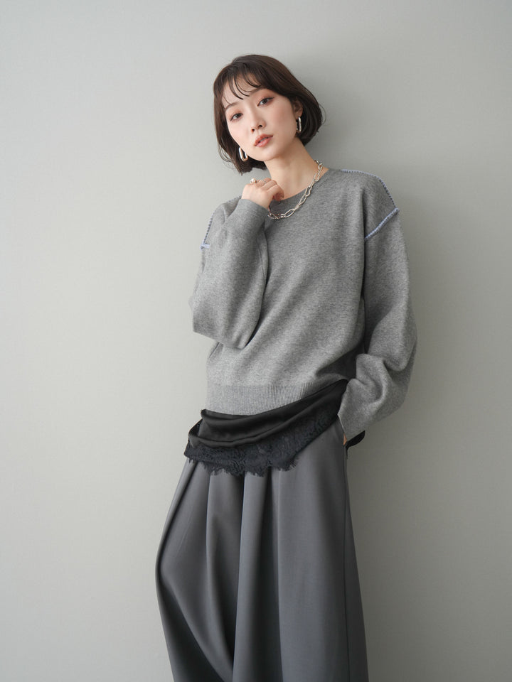 [予約]バックロゴ刺繍配色ステッチニットプルオーバー/gray