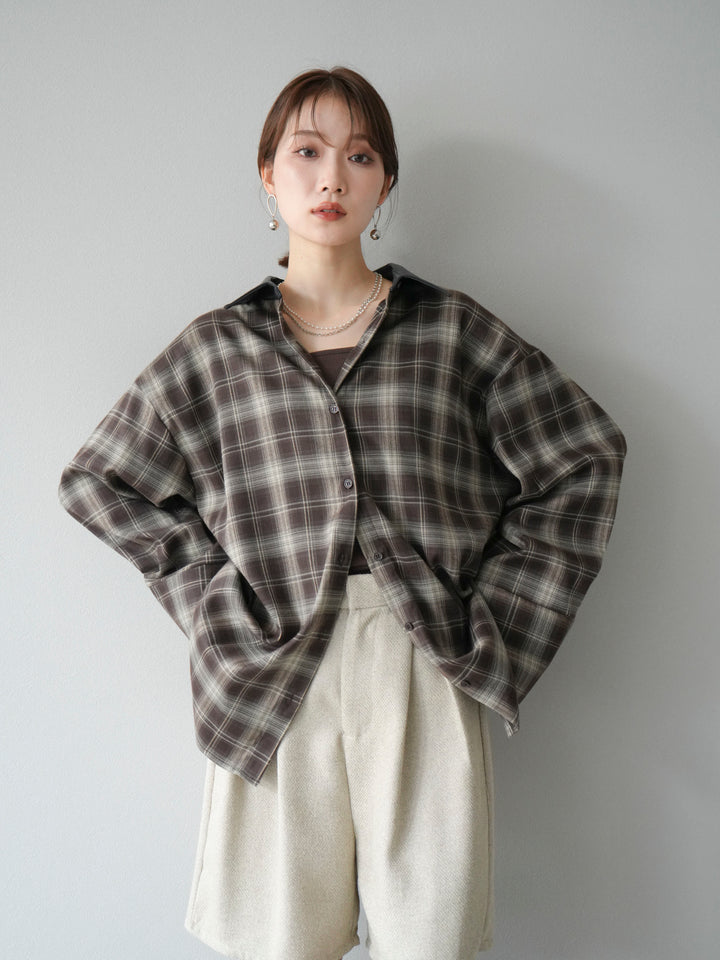 [SET]レザー襟オンブレチェックオーバーシャツ +ツイードハーフパンツ(2set)