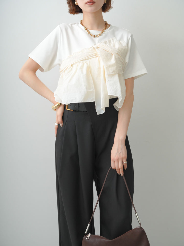 [SET]ナイロンドッキングツイストTEE +アシンメトリーベルトタックワイドパンツ(2set)