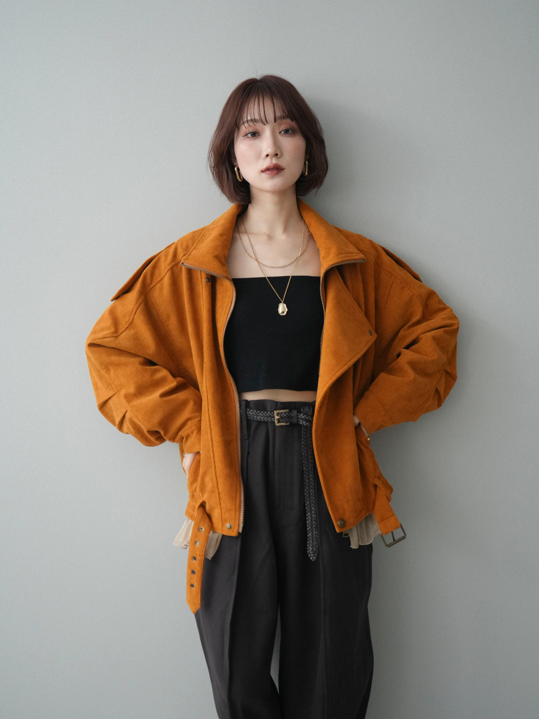 [SET]コーデュロイライダース裾レースブルゾン+カップ付テレコリブベアキャミソール(2set)