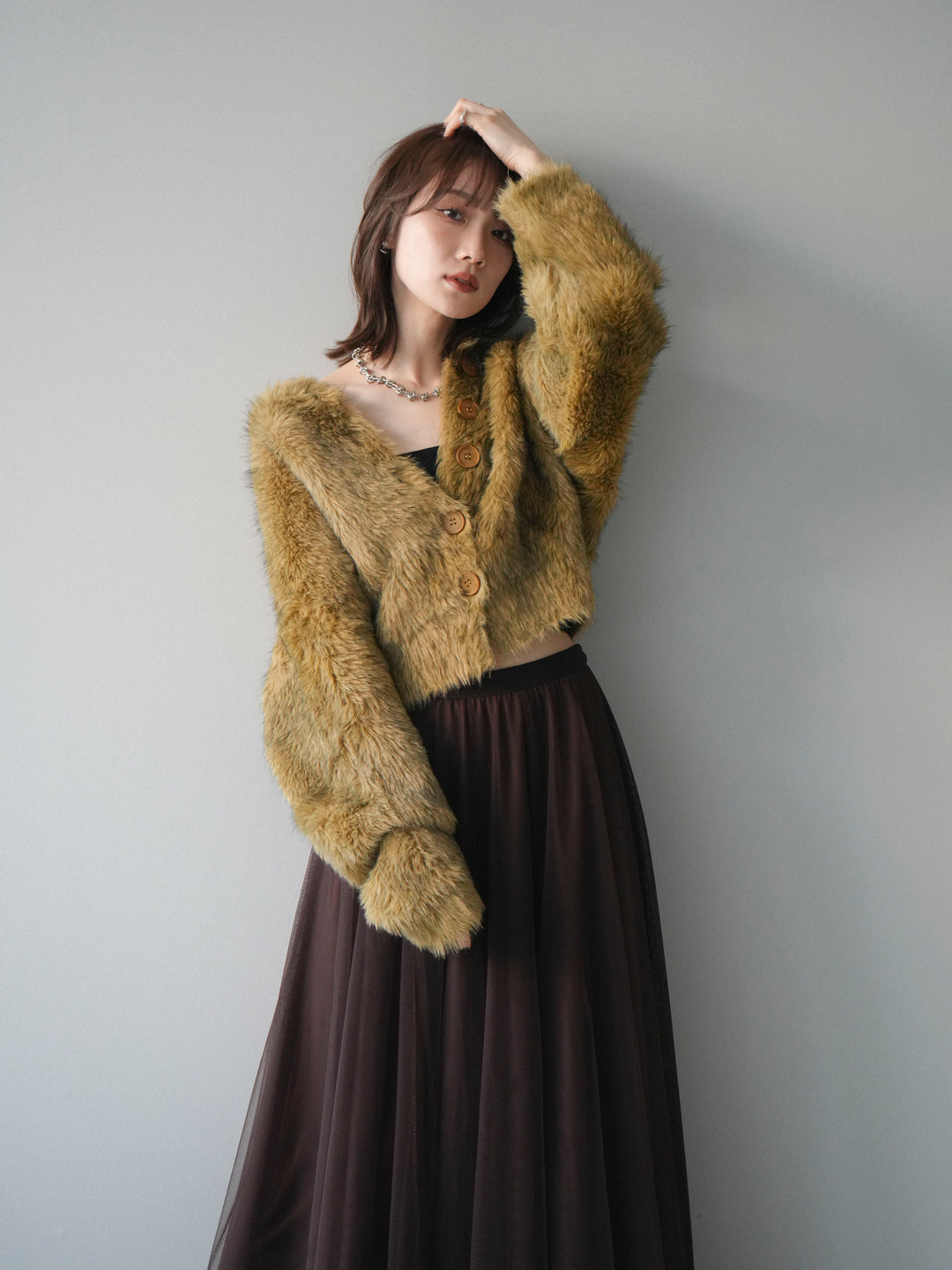 [予約]ミックスシャギーショートニットカーディガン/green