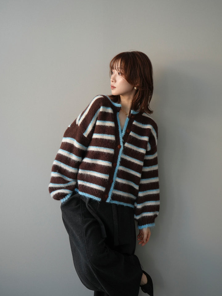 [予約]ウールタッチ配色ボーダーニットカーディガン/brown