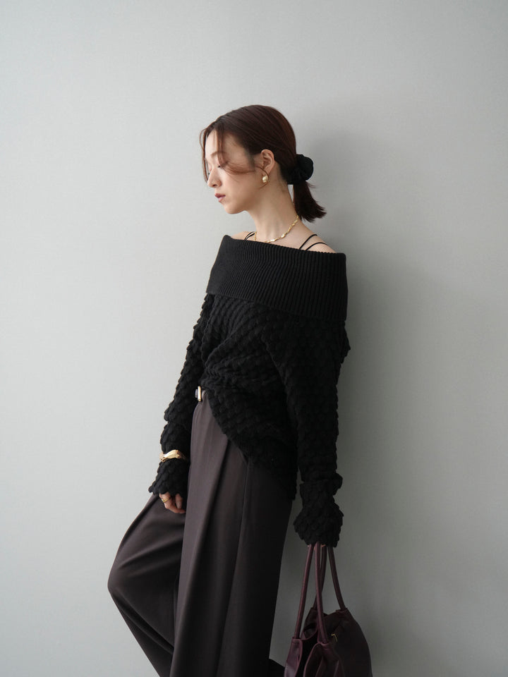 [SET]ポコポコ編みオフショルニットプルオーバー+ベルトループデザインワイドパンツ(2set)