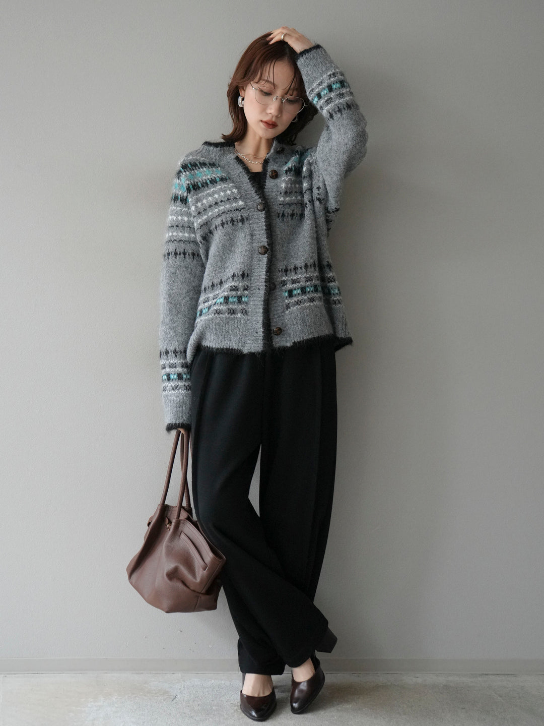 [SET]求心柄ウッドボタンニットカーディガン+2WAYデザインスウェットパンツ(2set)